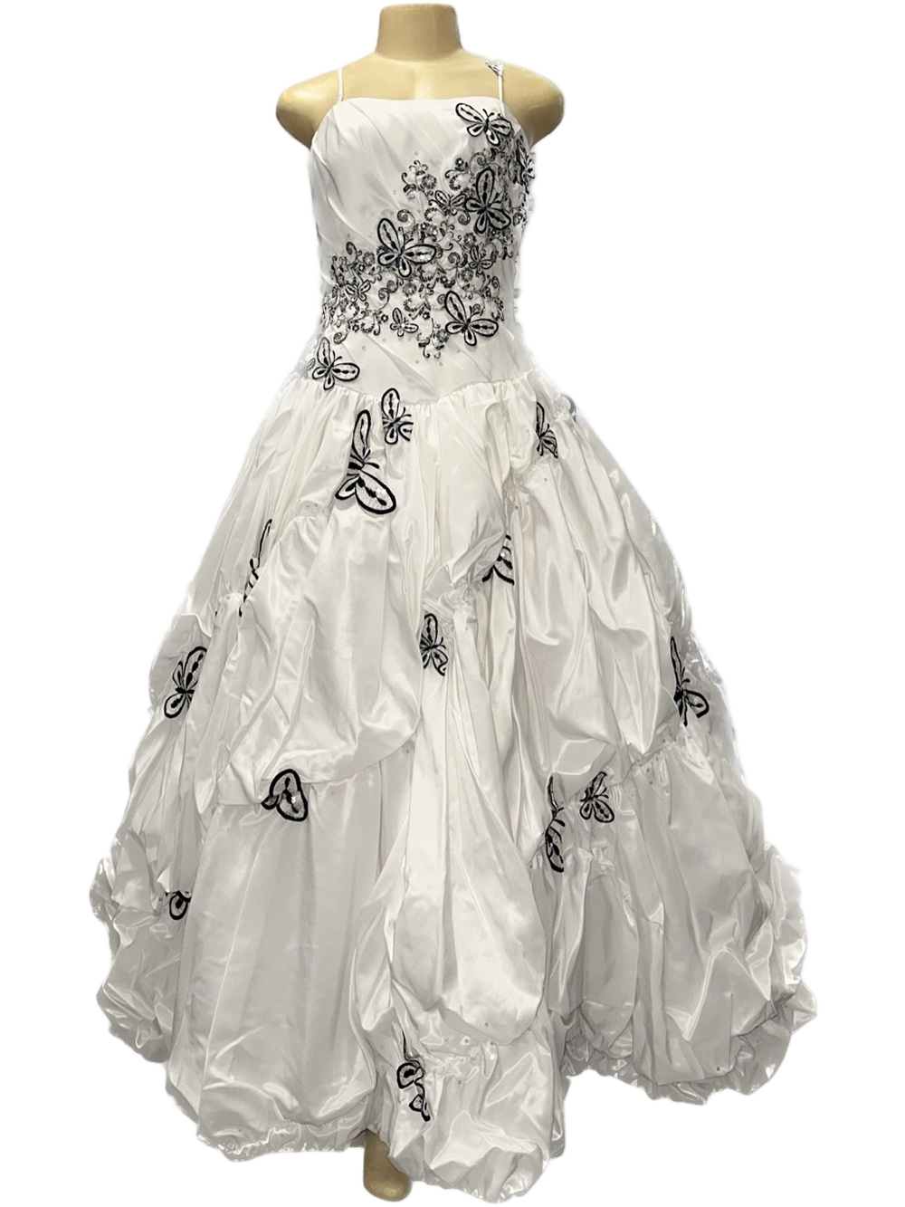 NWT White Prom Ball Gown with Black Floral Embroidery